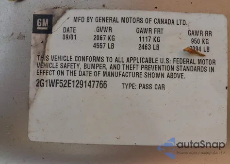 2002 Chevrolet Impala из США, поврежденный, VIN 2G1WF52E129147766